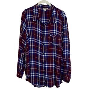 Lucky Brand Womens Flannel Shirt 1X Burgundy Blue Plaid Button Back Peplum Hem